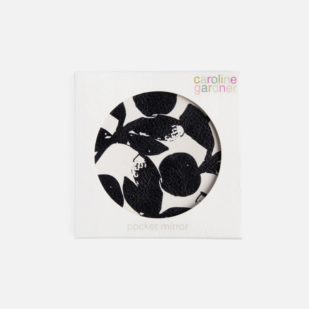 Caroline Gardner Mono Bloom round pocket mirror with floral pattern and compact design, perfect for on-the-go use.