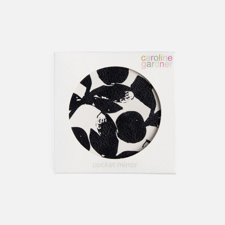 Caroline Gardner Mono Bloom round pocket mirror with floral pattern and compact design, perfect for on-the-go use.