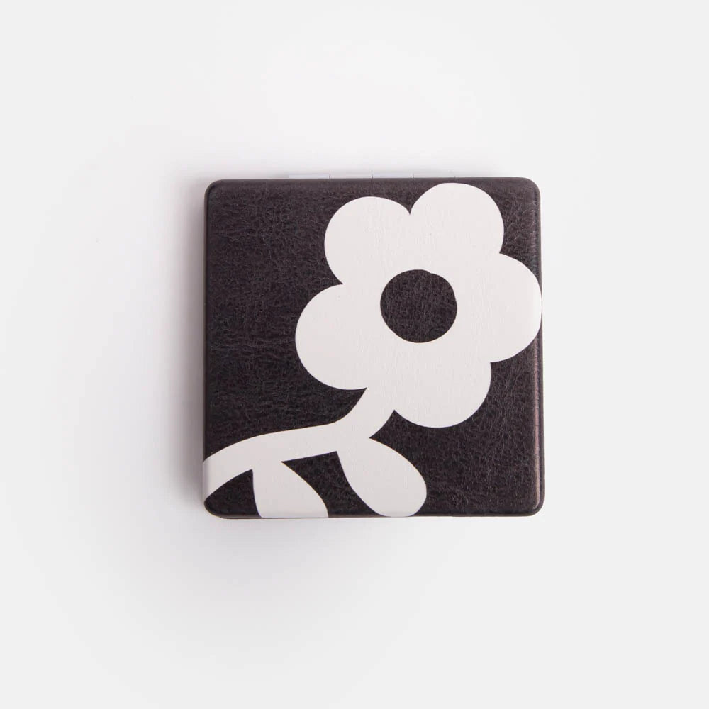 Caroline Gardner Charcoal Mono Flower square pocket mirror with floral design, compact and stylish for on-the-go use.