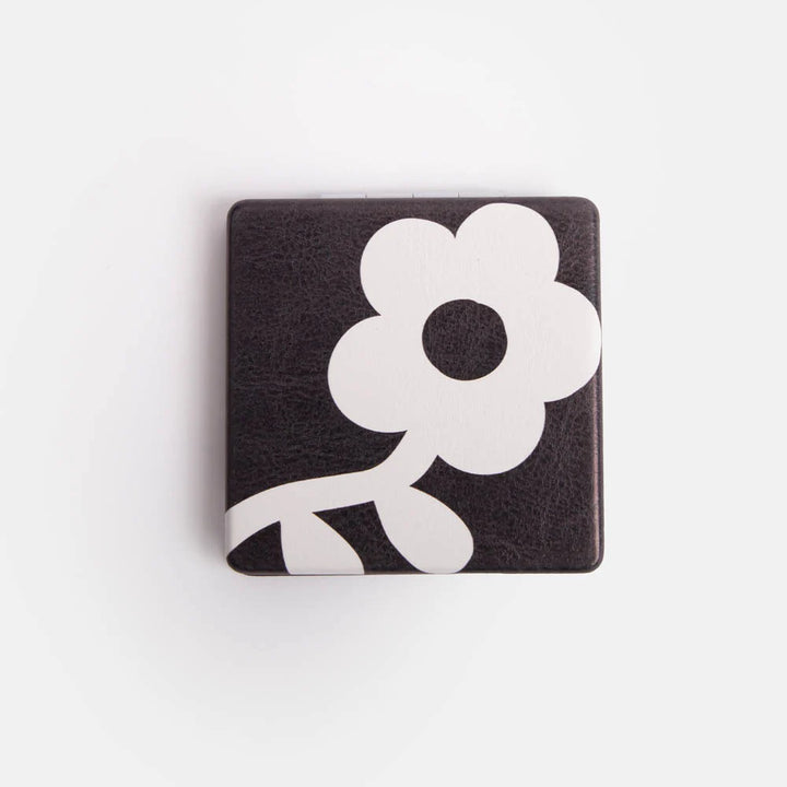 Caroline Gardner Charcoal Mono Flower square pocket mirror with floral design, compact and stylish for on-the-go use.