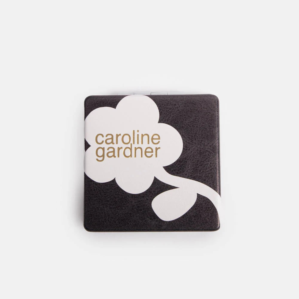 Caroline Gardner charcoal mono flower square pocket mirror with floral design, compact and stylish for on-the-go use
