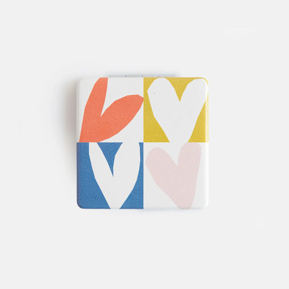 Caroline Gardner Multi Checkmate Hearts square pocket mirror with colorful heart and checkered pattern, compact and stylish accessory.