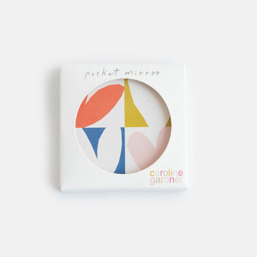 Caroline Gardner multi-checkmate hearts square pocket mirror with colorful checkered and heart patterns, compact and stylish.