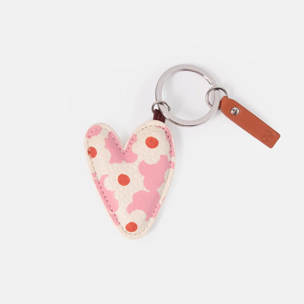 Pink Flower Printed Heart Keyring