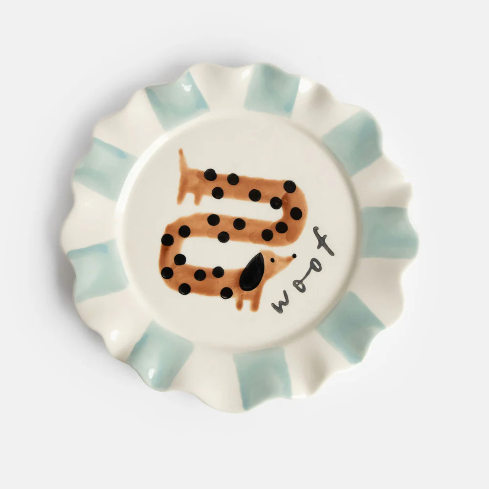 Caroline Gardner Sausage Dog Plate featuring a whimsical illustration, perfect for gift-giving and home decor.
