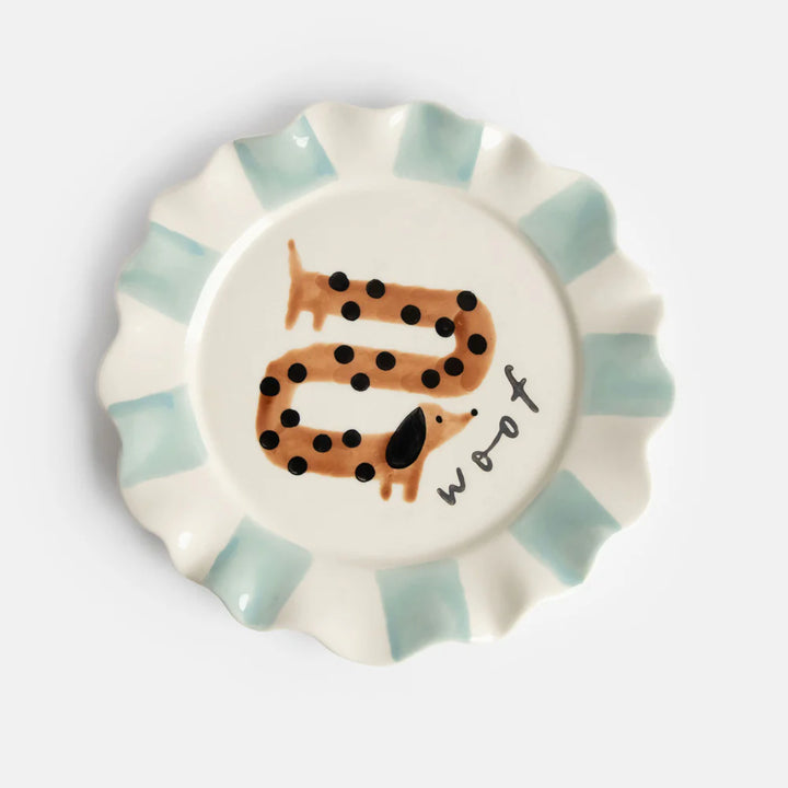 Caroline Gardner Sausage Dog Plate featuring a whimsical illustration, perfect for gift-giving and home decor.