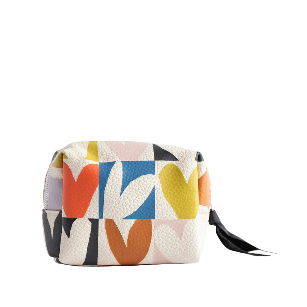 Caroline Gardner Multi Checkmate Heart Mini Cube Cosmetic Bag featuring a colorful checkered heart pattern, compact and stylish for travel.