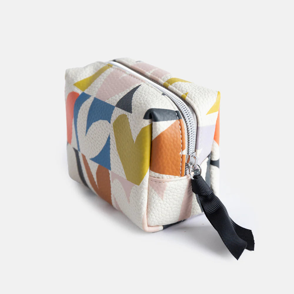 Caroline Gardner Multi Checkmate Heart Mini Cube Cosmetic Bag featuring a colorful checkered heart pattern, perfect for travel and organization.
