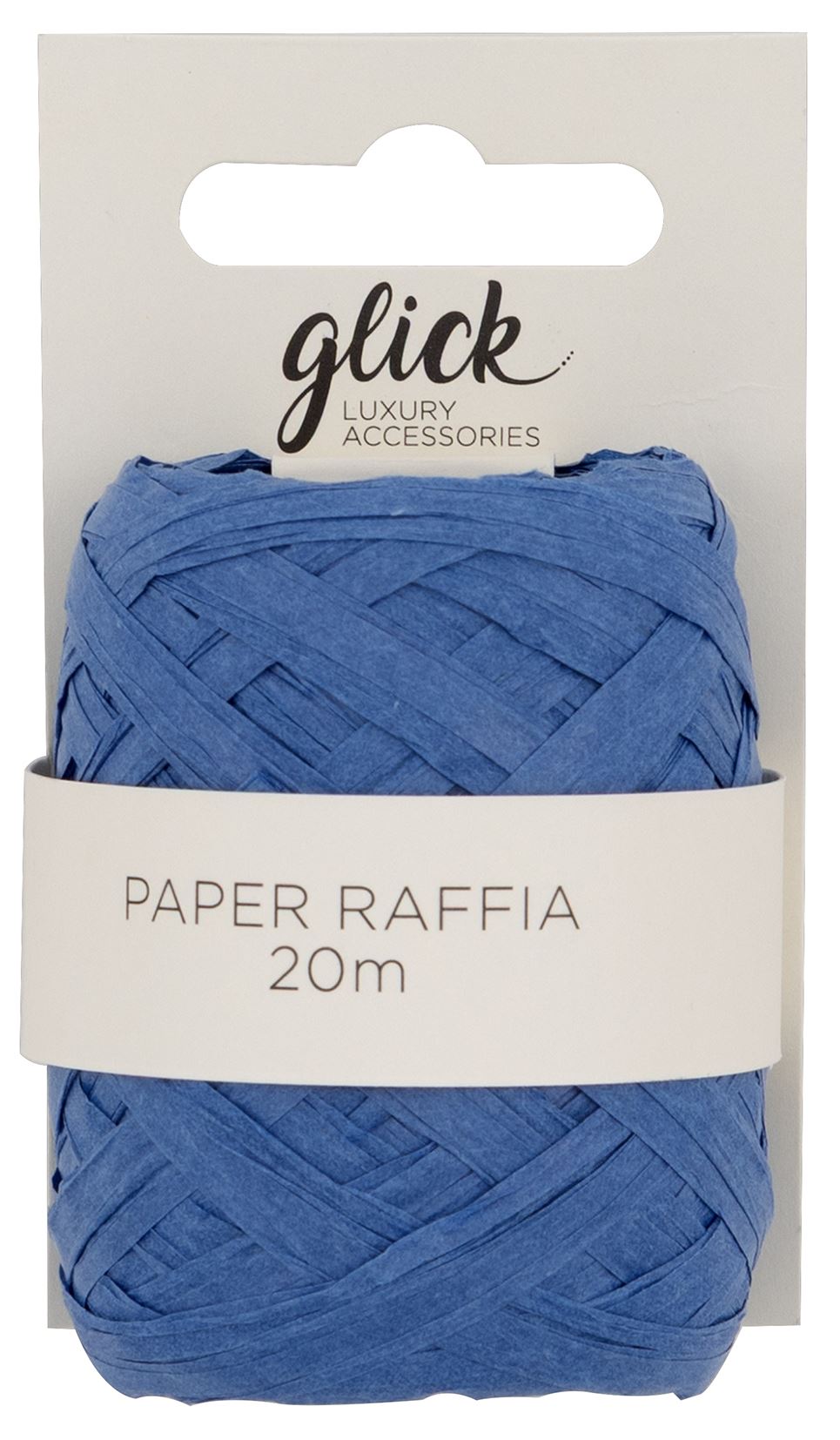 Blue paper raffia ribbon from Glick by Cornucopia Home and Gift, showing a close-up of the textured ribbon material.