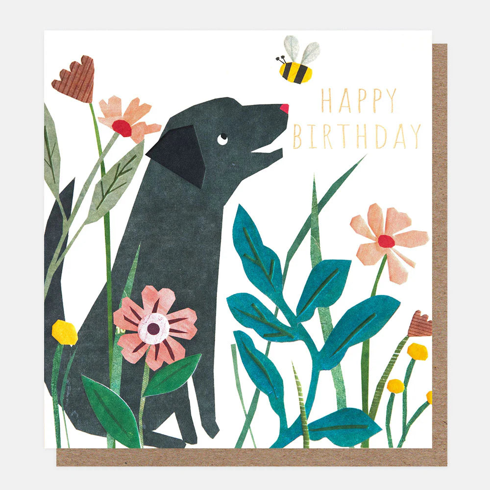Caroline Gardner Happy Birthday collage black dog card featuring a colorful birthday message and dog illustration.