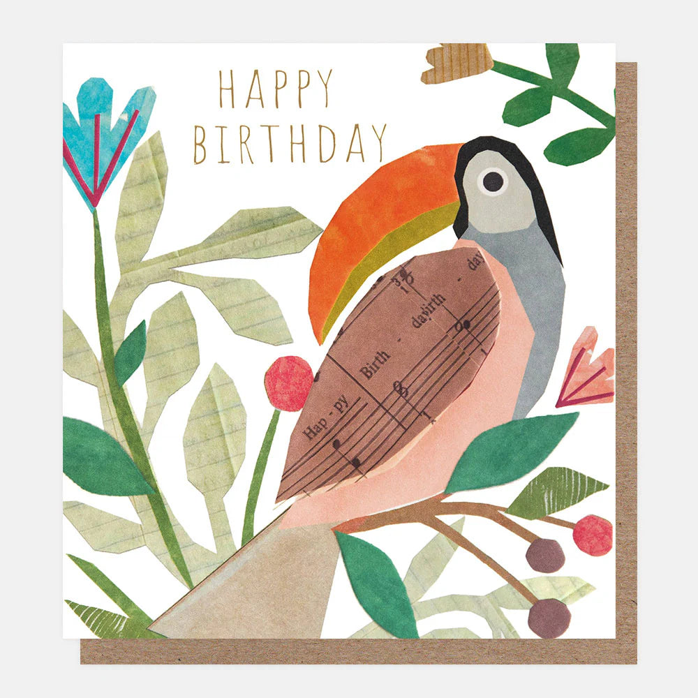 Colorful Caroline Gardner Happy Birthday musical toucan collage card with vibrant tropical design and playful bird illustrations.
