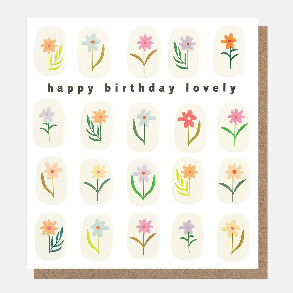 Caroline Gardner Happy Birthday Little Flowers greeting card with grey floral frame, perfect for birthday wishes from Cornucopia Home and Gift