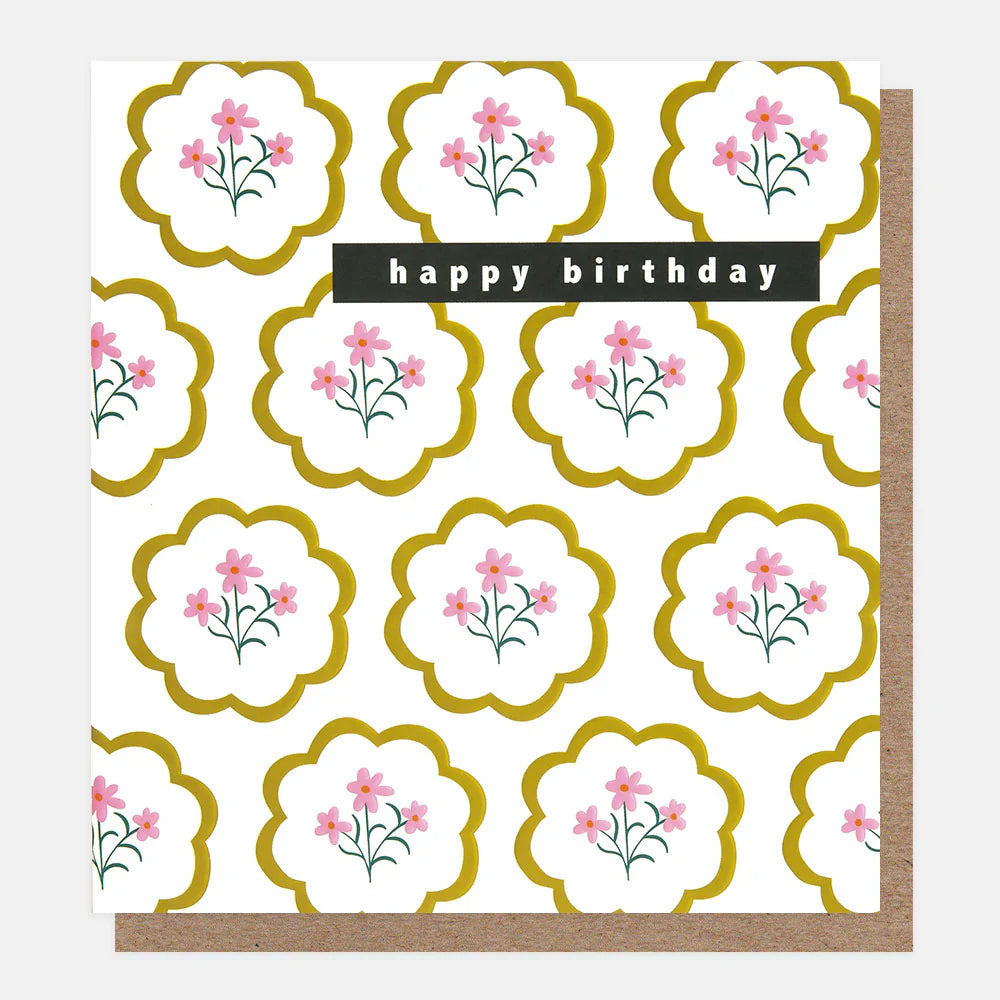 Caroline Gardner Happy Birthday scallop frame with colorful floral design, featuring vibrant flowers and a decorative scalloped border.