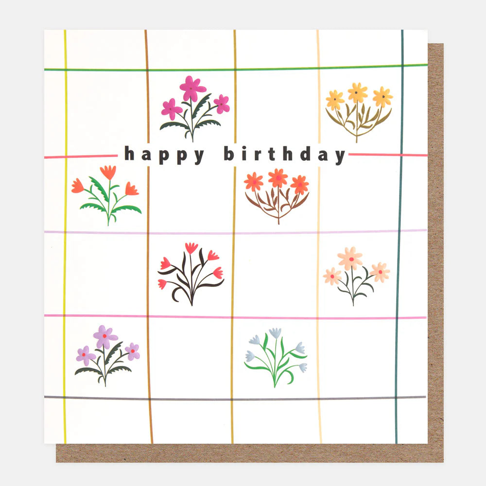 Colorful floral grid check birthday card by Caroline Gardner featuring vibrant flowers and cheerful design.
