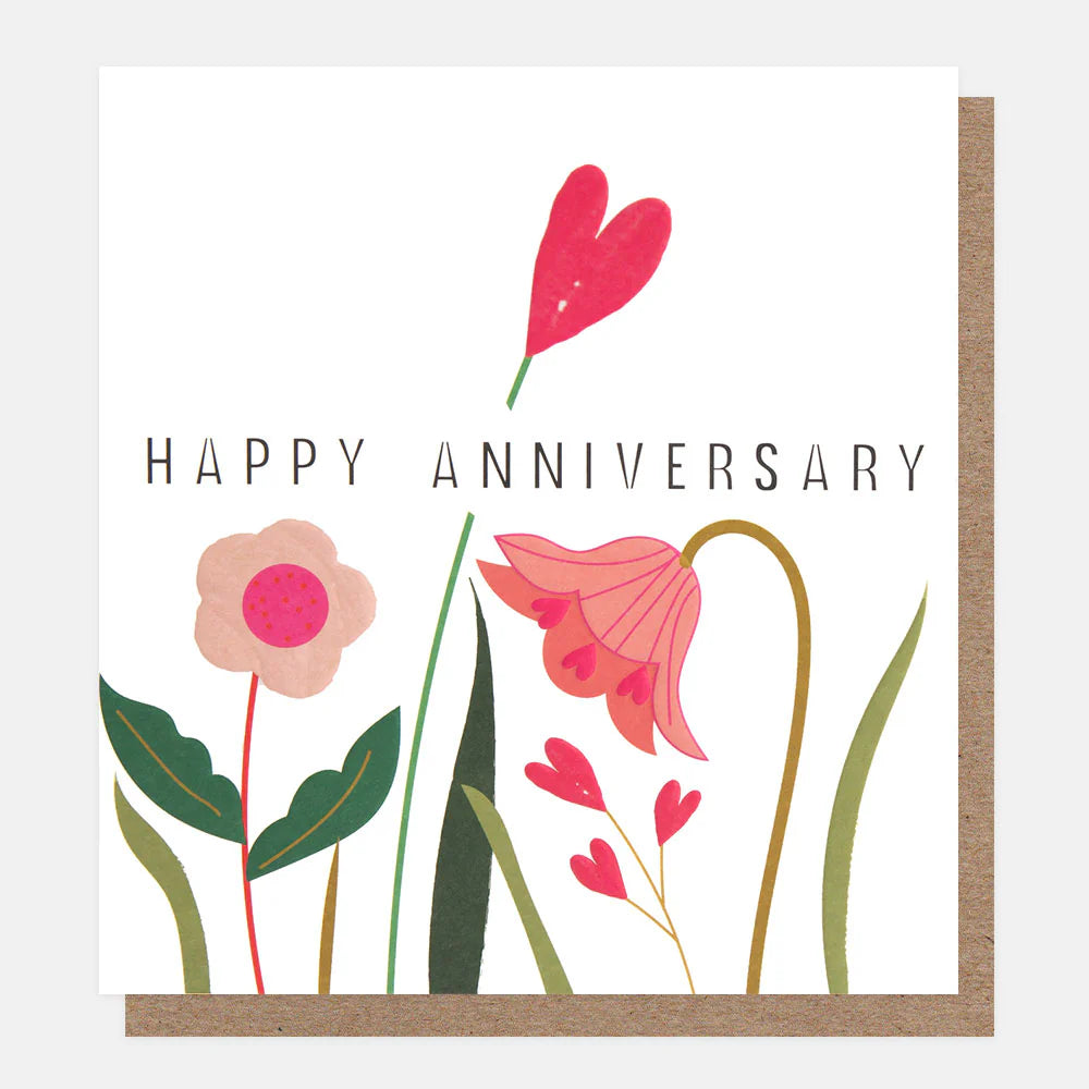 Caroline Gardner Happy Anniversary flower and heart stems floral arrangement with colorful blooms and decorative stems.