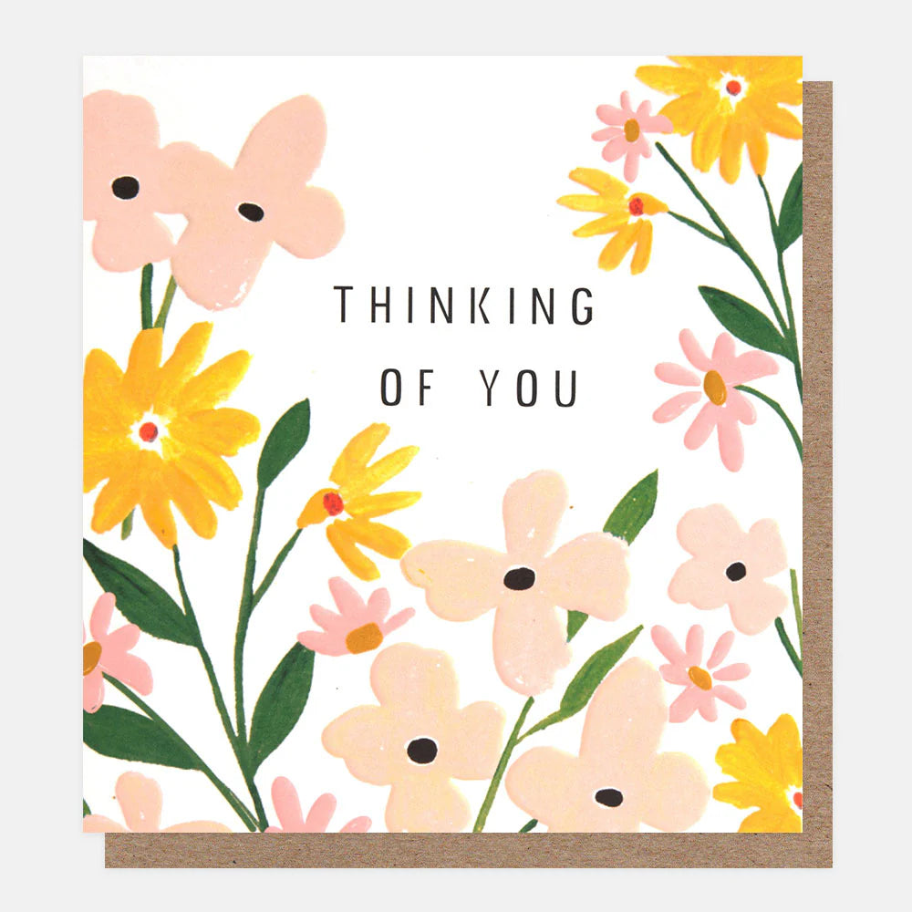 Caroline Gardner Thinking Of You yellow and peach floral card with delicate flower illustrations and heartfelt message.