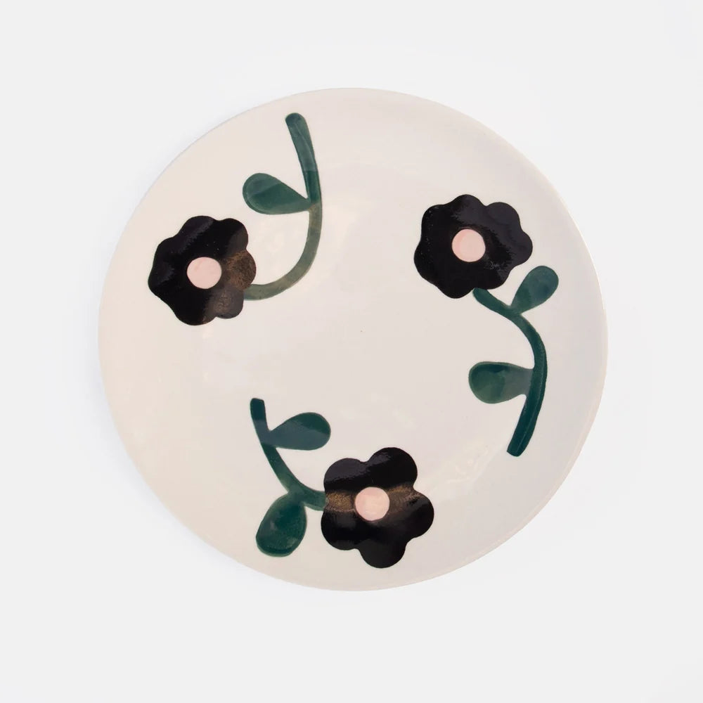 Flowers Round Plate - Charcoal/Pink
