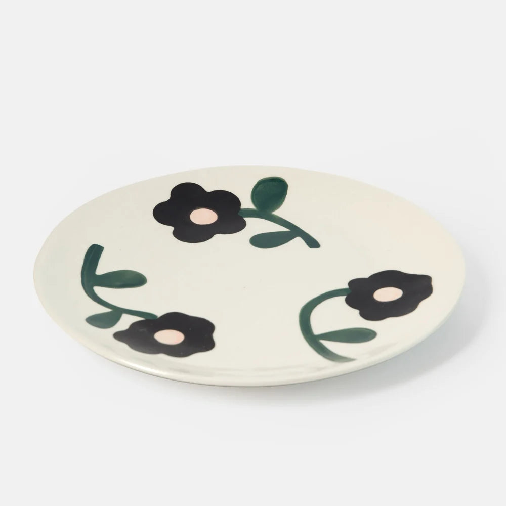 Flowers Round Plate - Charcoal/Pink