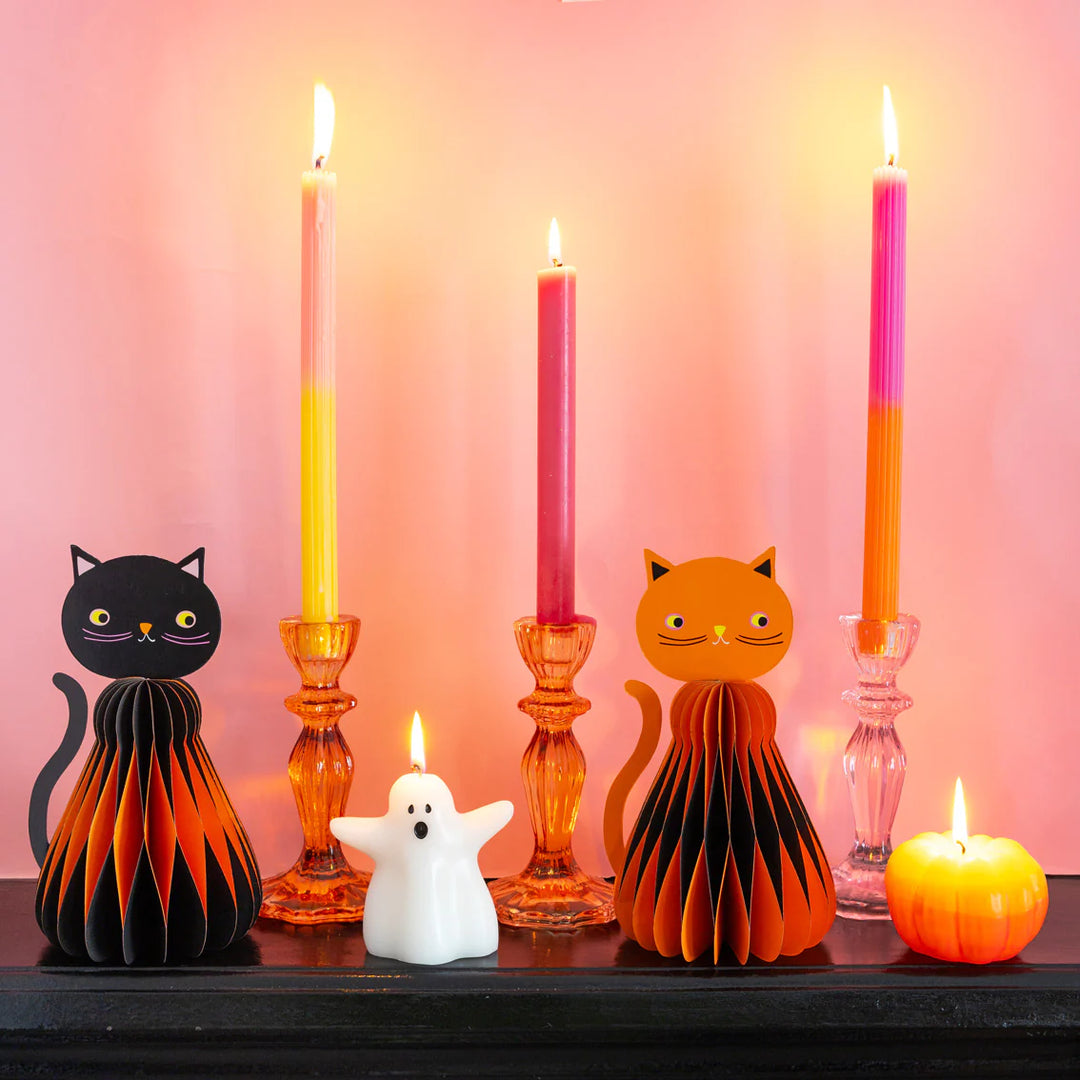 Pumpkin Brights honeycomb cat decoration by Cornucopia Home and Gift, featuring a colorful, foldable pumpkin and cat design for festive décor.