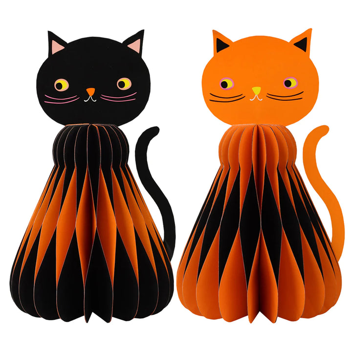 Pumpkin Brights Card Honeycomb Cat Decorations from Talking Tables, featuring colorful pumpkin and cat designs for festive decor.