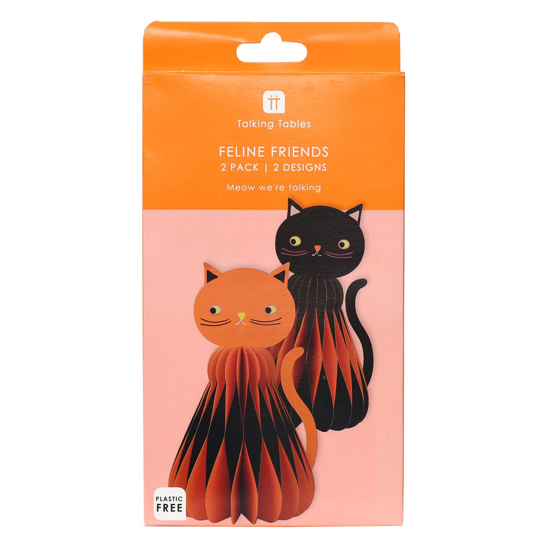 Pumpkin Brights honeycomb paper cat decoration from Talking Tables featuring orange pumpkin design for festive events.