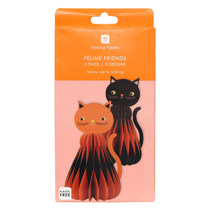 Pumpkin Brights honeycomb paper cat decoration from Talking Tables featuring orange pumpkin design for festive events.