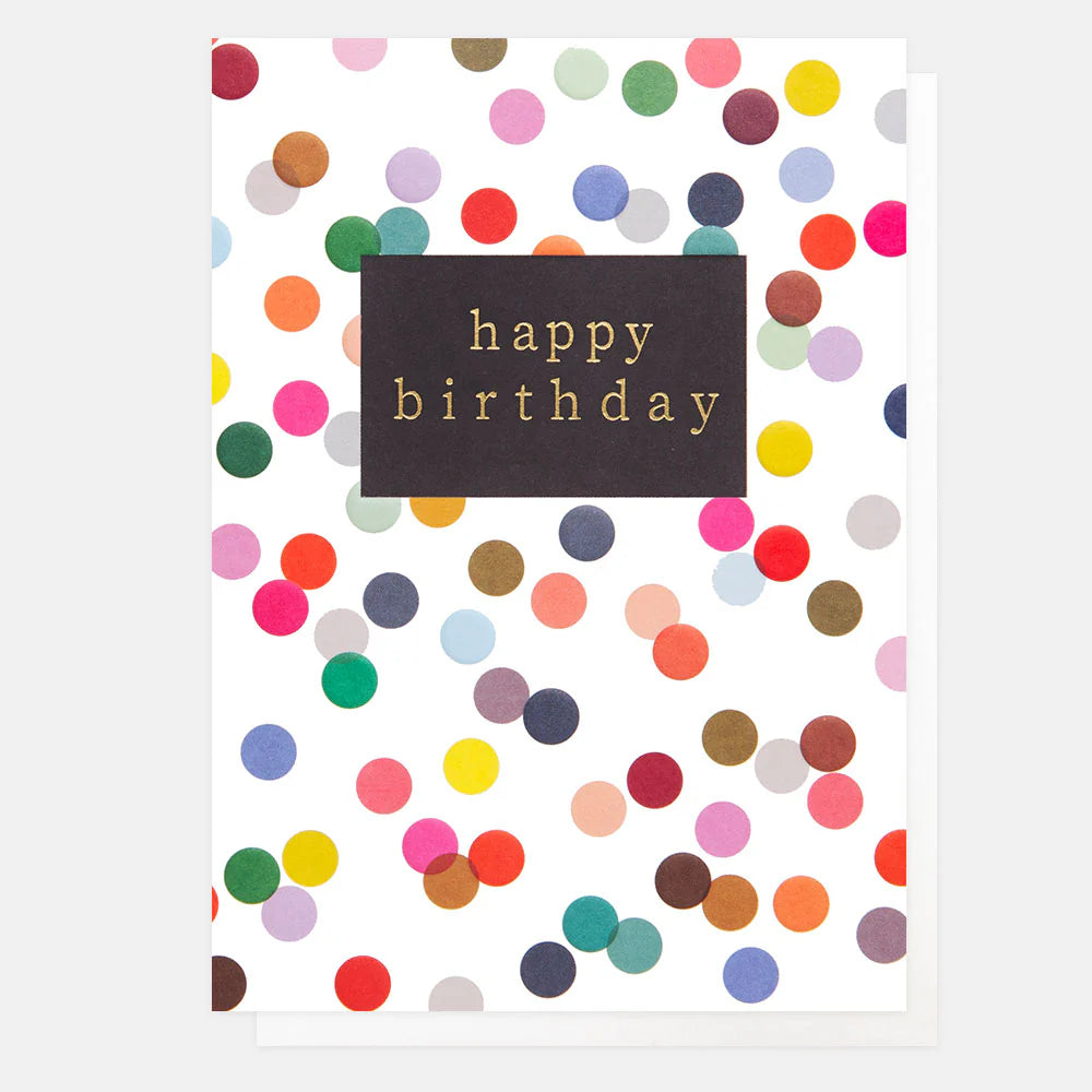 Colorful Caroline Gardner happy birthday card with multi-colored dots design, perfect for celebrating occasions.