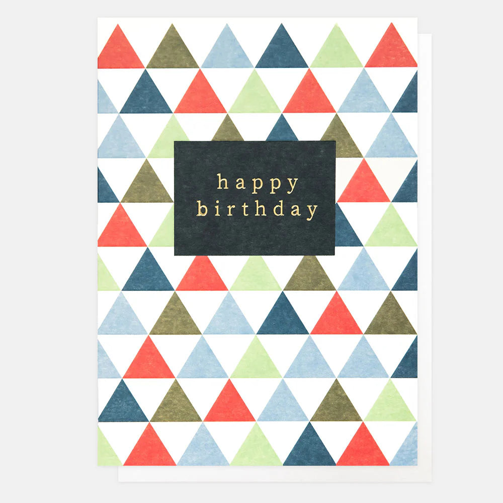 Colorful Caroline Gardner Happy Birthday multi small triangles pattern on a decorative gift wrap by Cornucopia Home and Gift.