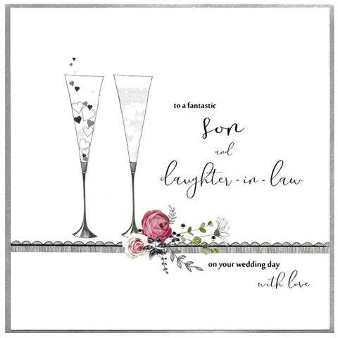 Cinnamon Aitch wedding card from Cornucopia Worcester featuring heartfelt message for a son and daughter-in-law.