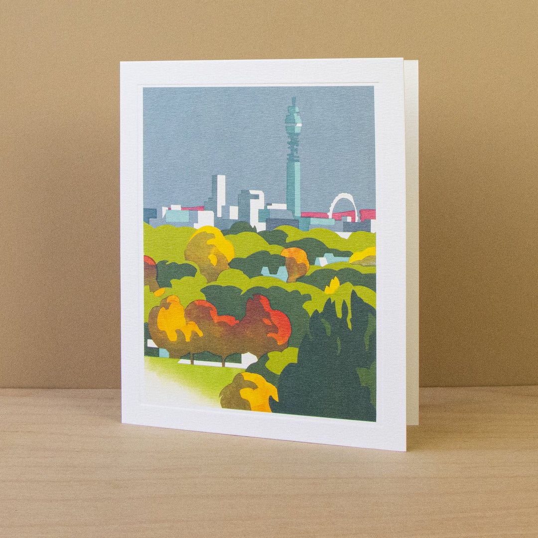 West End from Primrose Hill art card by Cornucopia Home and Gift, featuring a vibrant illustration of London's iconic skyline.