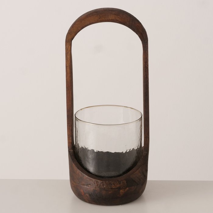 Meola Round Mango Wood and Glass Lantern - 38cm