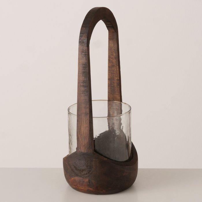 Meola Round Mango Wood and Glass Lantern - 38cm