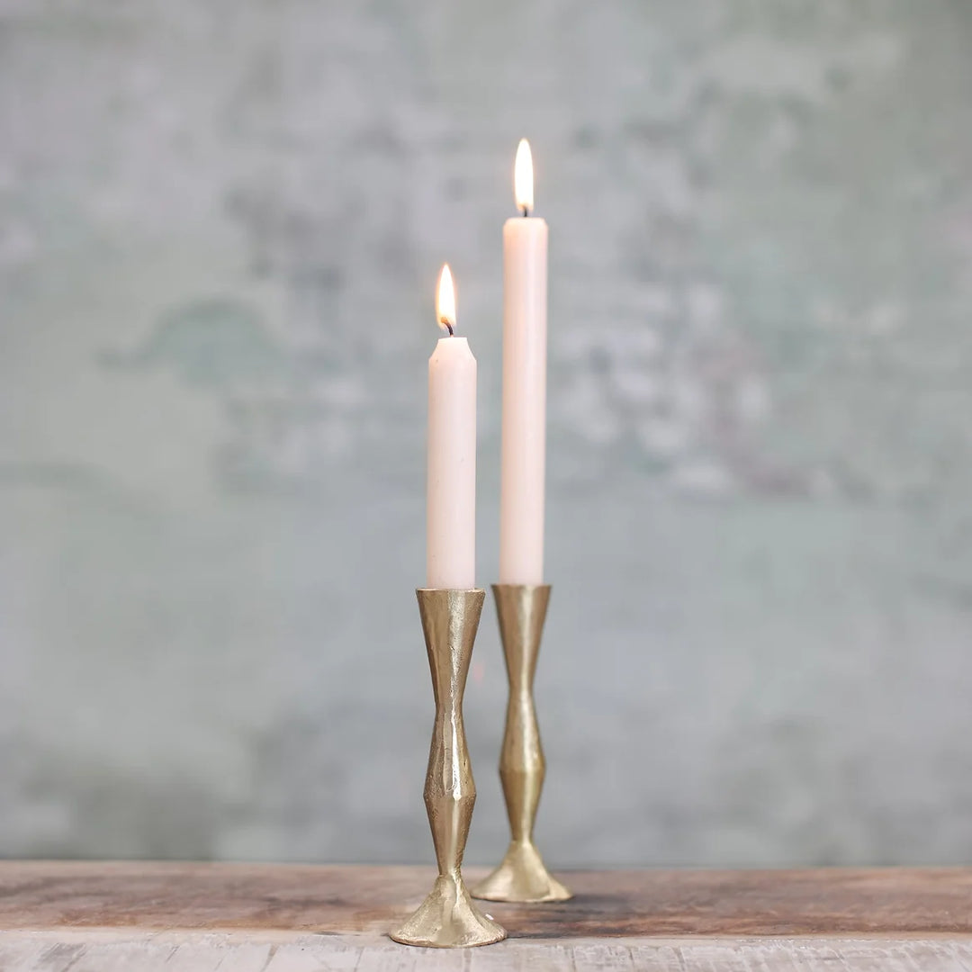 Nkuku Jahi tall brass candlestick with a potted spruce plant, showcasing elegant design and a decorative natural element.