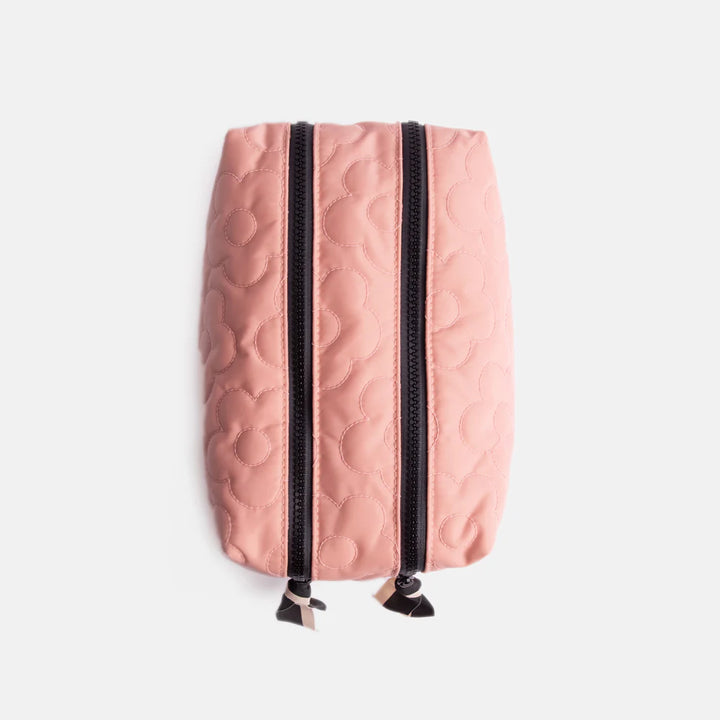 Pink quilted flower cube washbag by Caroline Gardner featuring a floral pattern, perfect for travel accessories.