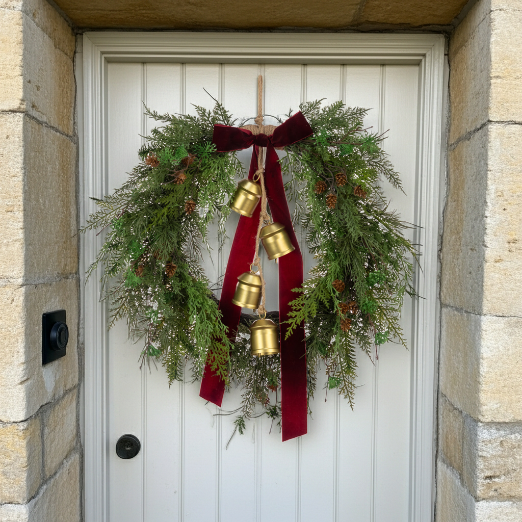 Festive Belmesthorpe floral wreath with bow and bells, decorated with silk Christmas florals by Cornucopia Home and Gift.