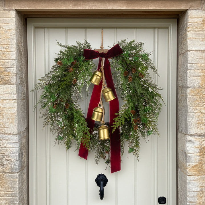 Festive Belmesthorpe wreath with bow, bells, and floralsilk Christmas decorations by Cornucopia Home and Gift.