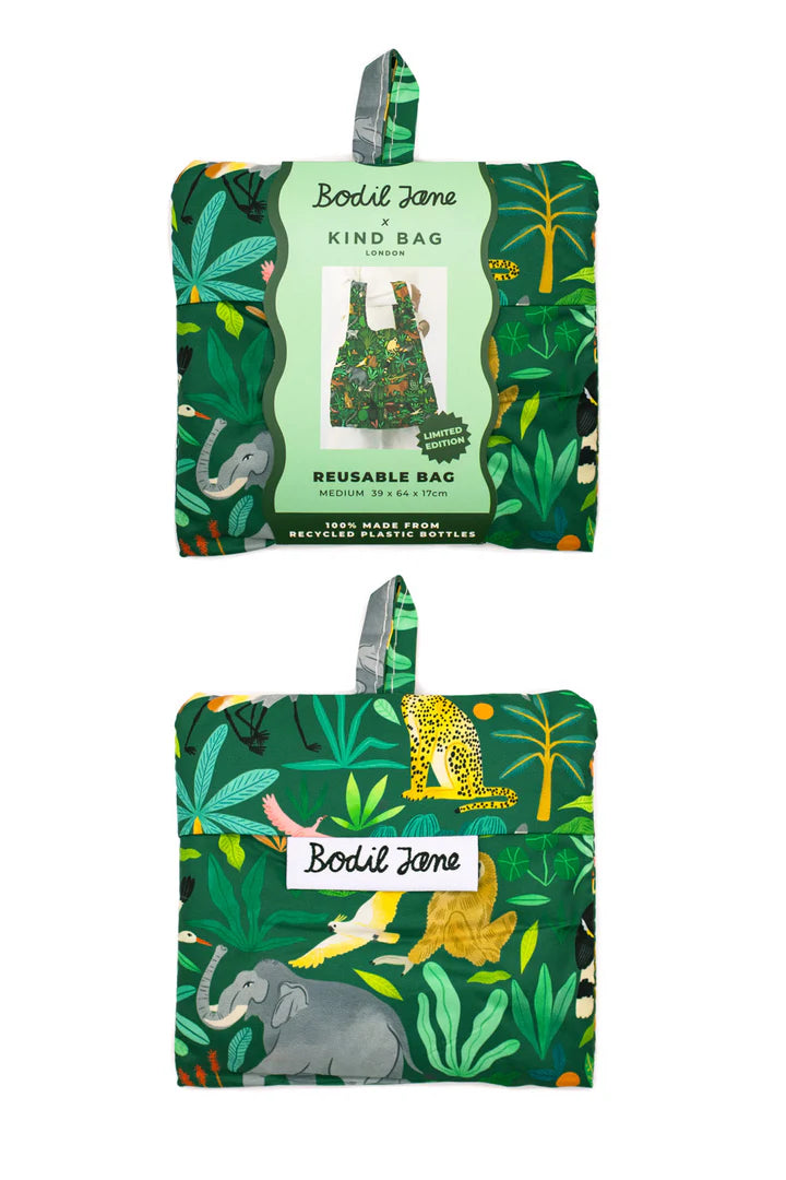 Close-up of a Bodil Jane Wildlife pouch by Kind Bags, featuring eco-friendly, colorful wildlife print on durable fabric.