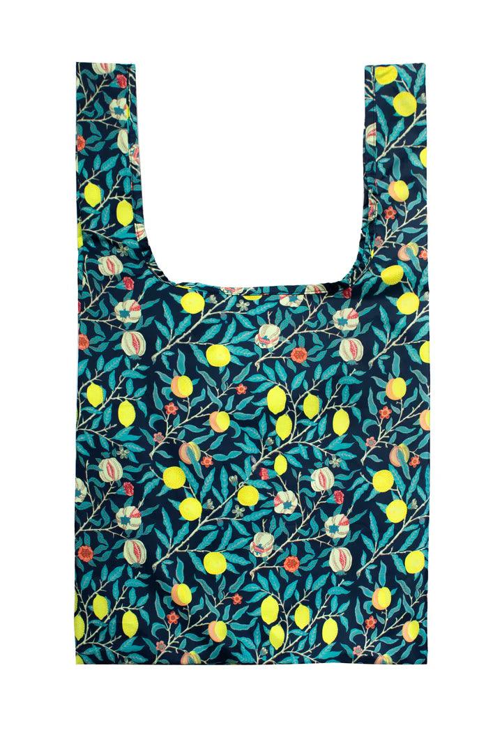 Close-up of William Morris Fruit pattern on Cornucopia Home and Gift Kind Bags, showcasing colorful fruit cutout design.