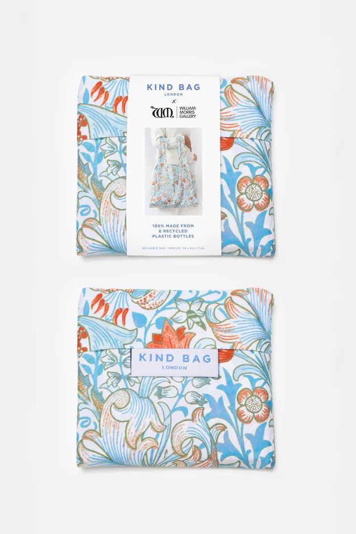Close-up of William Morris Golden Lily design on Cornucopia Home and Gift Kind Bags pouch, showcasing intricate floral pattern.