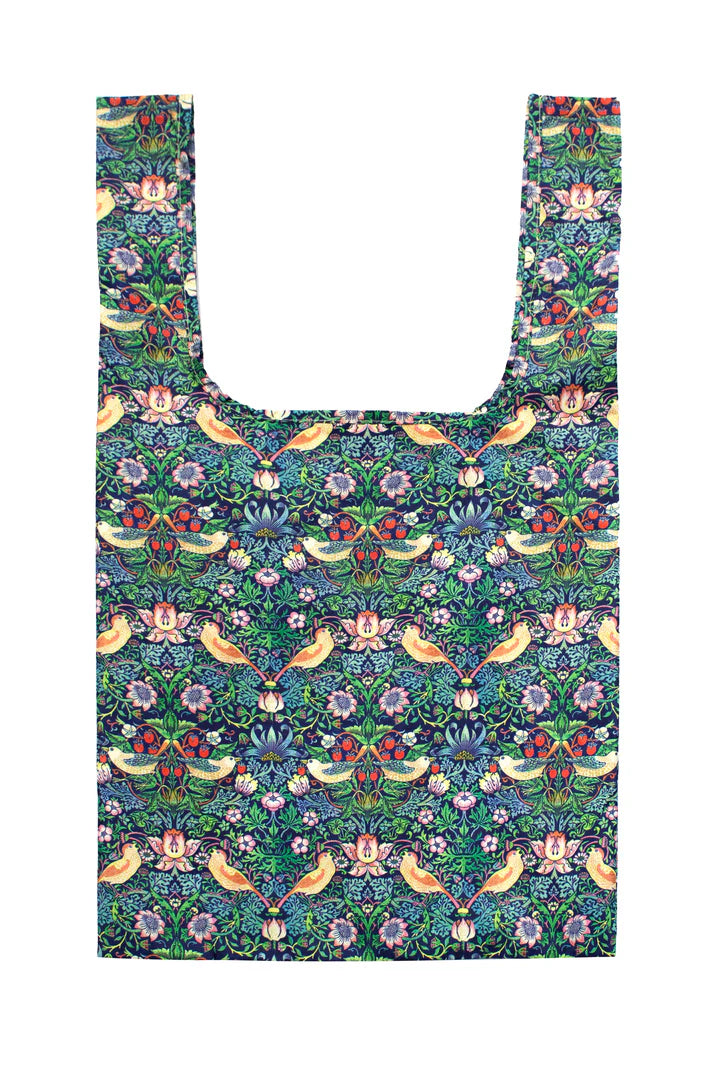 Close-up of William Morris Strawberry Thief design on Cornucopia Home and Gift Kind Bags, showcasing intricate floral pattern.