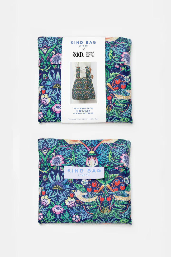 Close-up of a William Morris Strawberry Thief design on a Kind Bags pouch by Cornucopia Home and Gift, showing detailed floral pattern.