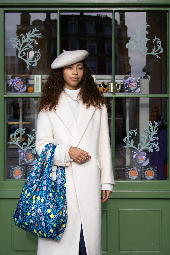 William Morris Fruit design on Cornucopia Home and Gift Kind Bags, featuring colorful, botanical fruit patterns on fabric.