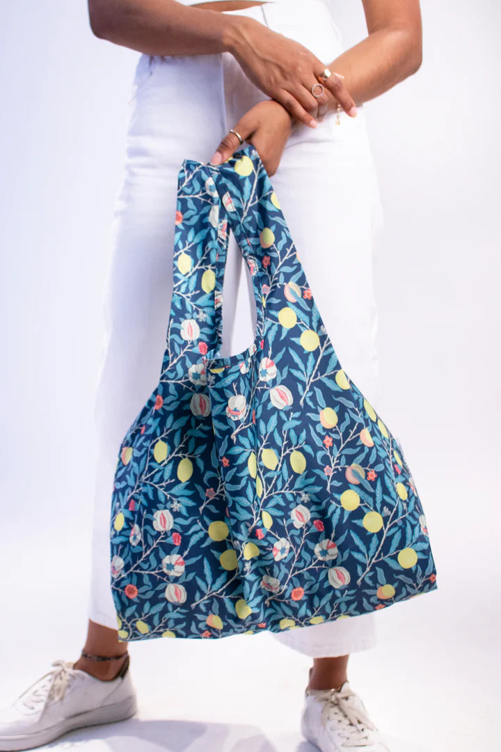 Close-up of William Morris Fruit design on Cornucopia Home and Gift Kind Bags, showcasing intricate floral pattern and vibrant colors.