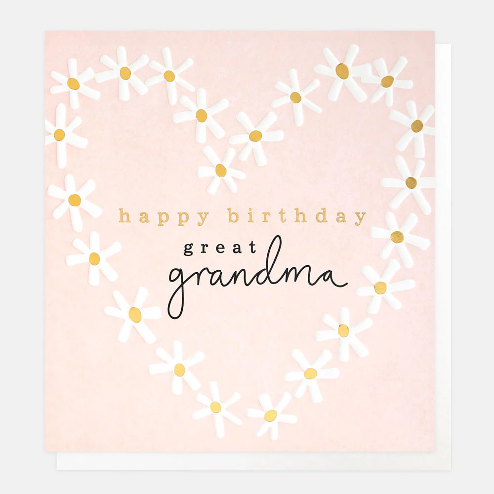 Caroline Gardner Happy Birthday Great Grandma Daisy card featuring colorful floral design on white background.