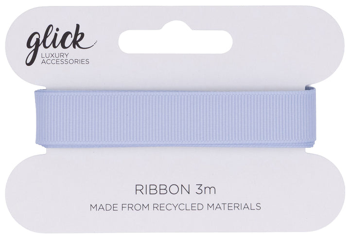 Baby blue Glick 3m ribbon from Cornucopia Home and Gift, neatly rolled with a soft, silky texture perfect for gift wrapping or crafts.