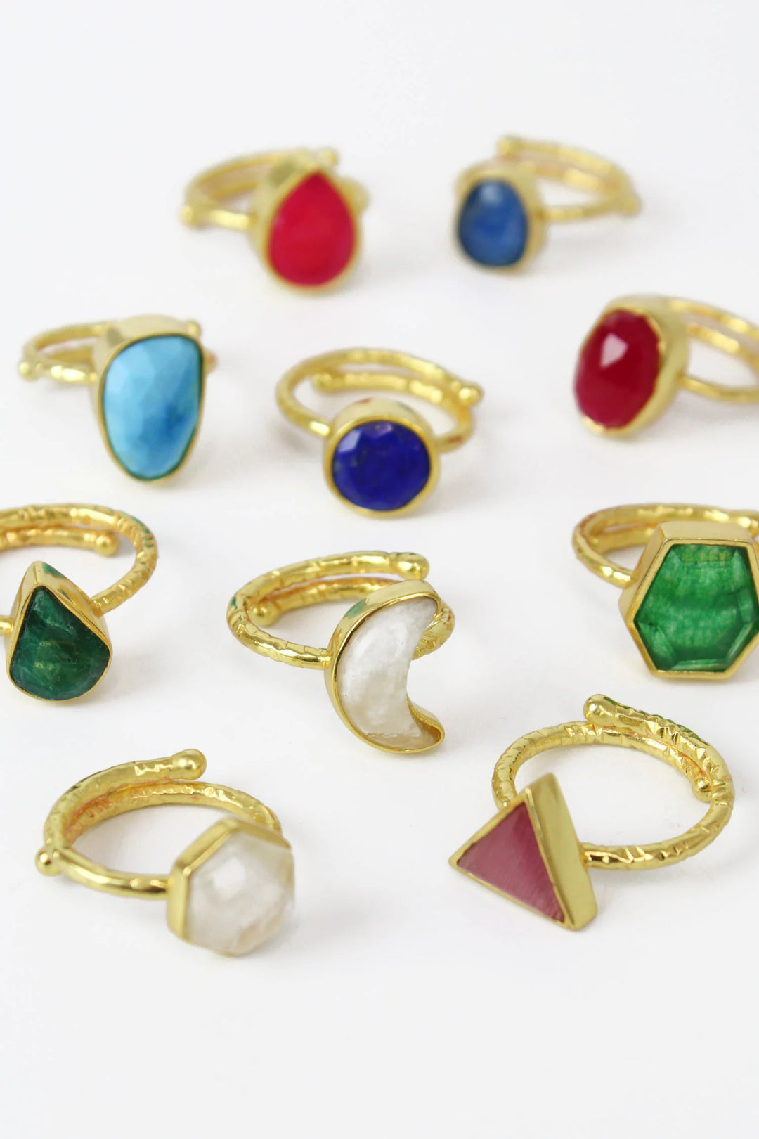 Set of 10 mixed semi-precious stone rings by My Doris, featuring colorful, natural gemstone designs in a variety of styles.