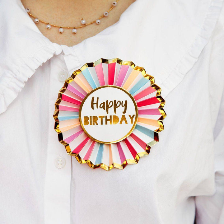 Talking Tables Rose Happy Birthday badge with pink rose design and celebratory message for birthday parties.