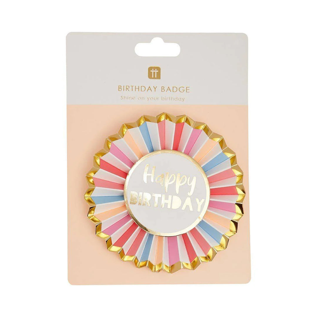 Rose Happy Birthday badge by Talking Tables featuring a pink rose design, perfect for birthday celebrations and decorations.