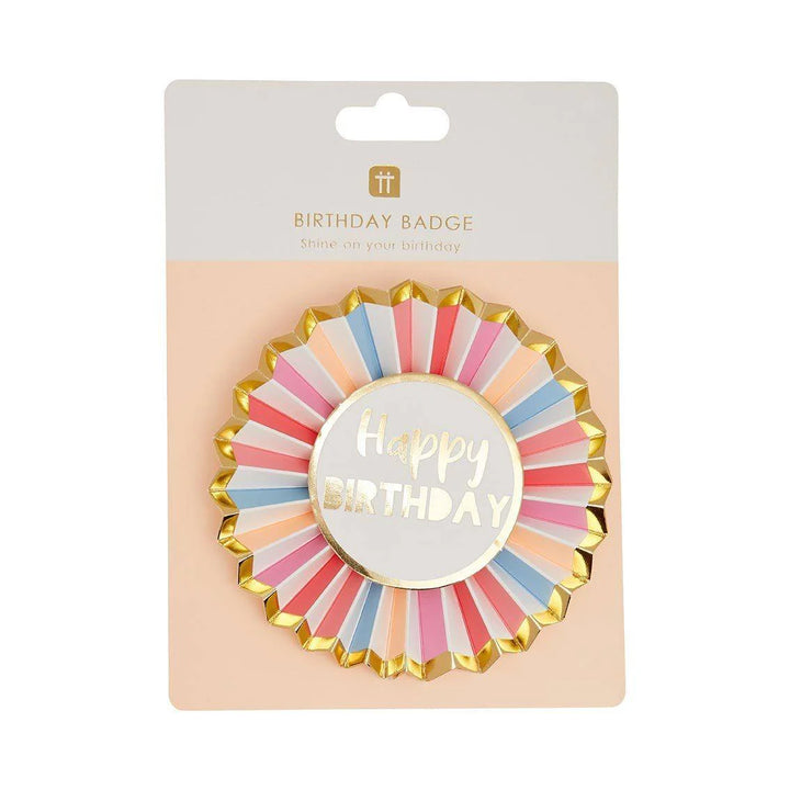Rose Happy Birthday badge by Talking Tables featuring a pink rose design, perfect for birthday celebrations and decorations.