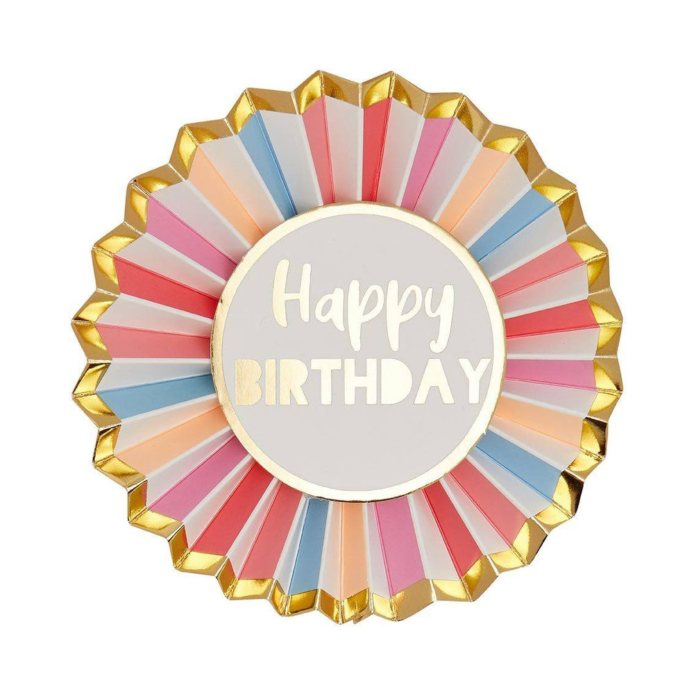 Talking Tables Rose Happy Birthday badge showing a pink rose design and celebratory message for birthday celebrations.
